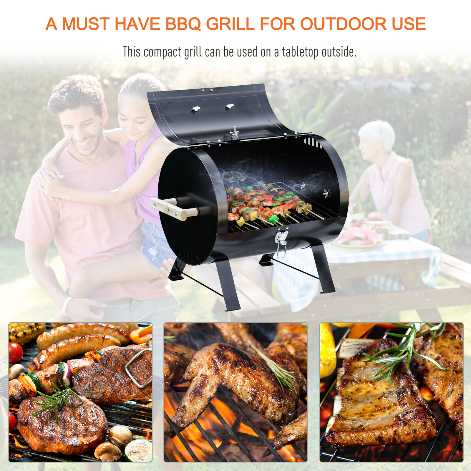 20" Outdoor Tabletop Charcoal BBQ Grill with Wooden Handle