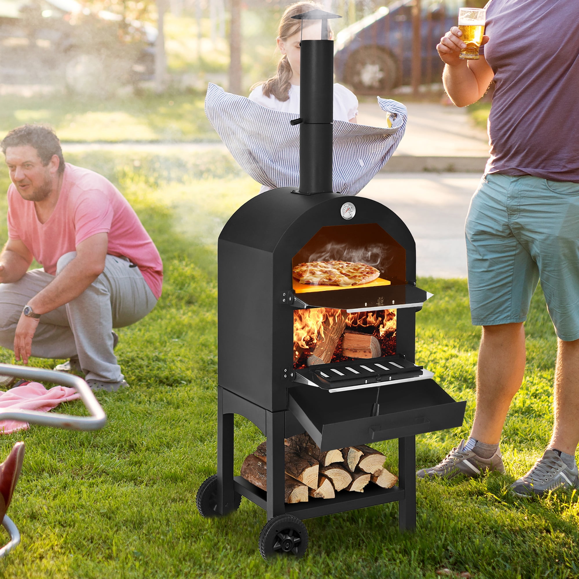 Costway Wood Fire Pizza Maker Grill with Pizza Stone