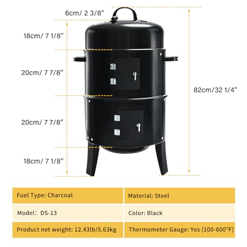 Tengchang 32" Charcoal Smoker BBQ Grill: Outdoor Cooker