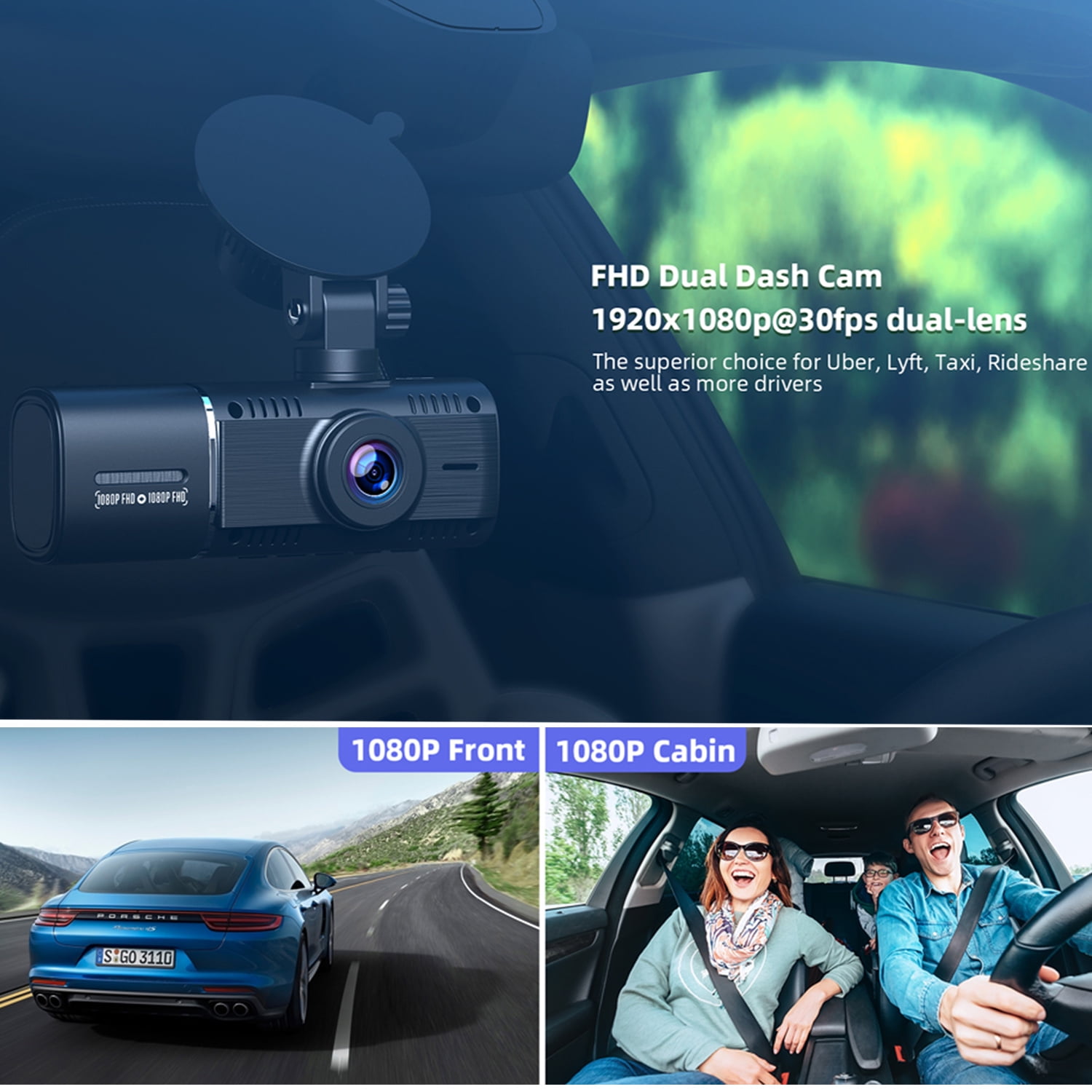 TOGUARD Dual Dash Cam - 1080P Front & Inside Camera