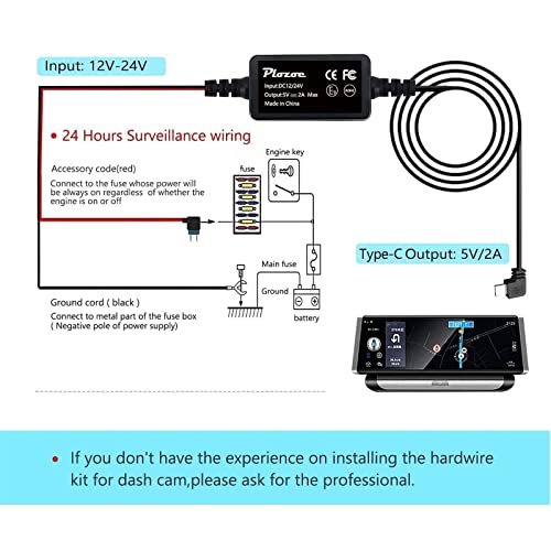 Plozoe Dash Cam Hardwire Kit, Type-C, USB C