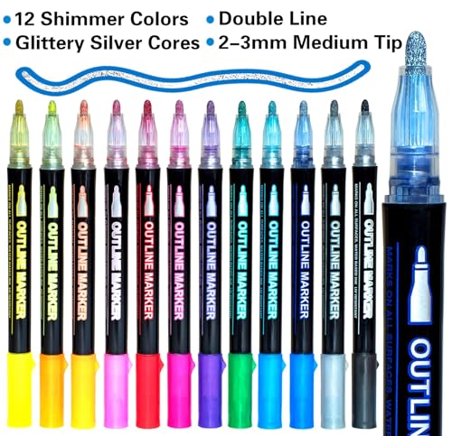 Glittery Double Line Markers Set: 12 Metallic Colors
