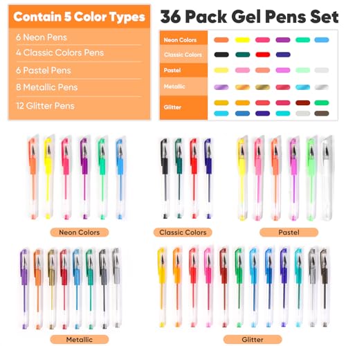Taotree 36-Color Glitter Gel Pens - Neon Ink Drawing Set