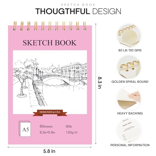 Stilip Pink Sketch Book 60 Sheets 5.5" x 8.5" Spiral Bound