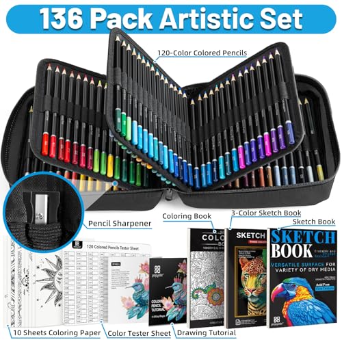 136 Colored Pencils Set with Portable Case, Sketchbook