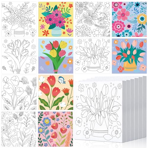 6 Pack Pre-Drawn Canvas Paint Kit (Floral Style)