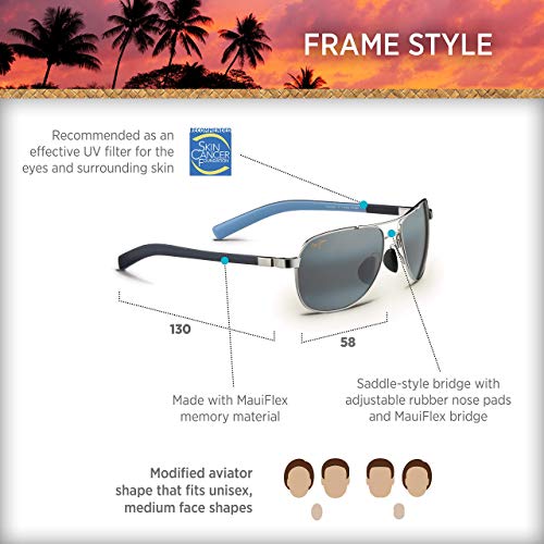 Maui Jim Guardrails Polarized Aviator Sunglasses, Silver/Blue/Grey