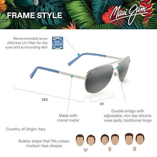 Maui Jim Seacliff Polarized Aviator Sunglasses Silver Grey