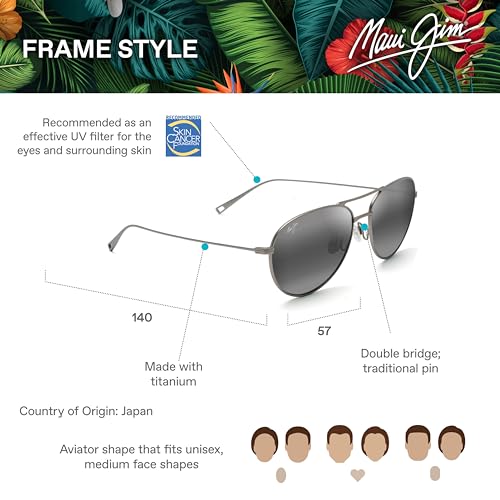 Maui Jim Walaka Polarized Aviator Sunglasses, Unisex, Titanium