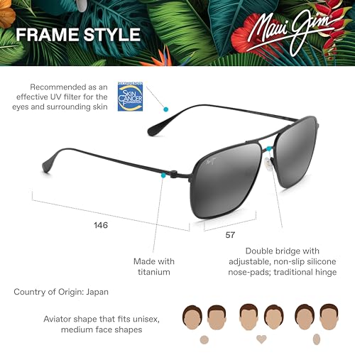 Maui Jim Polarized Aviator Sunglasses, Beaches, Black Matte/Neutral Grey