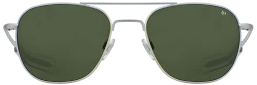 AO Original Pilot Sunglasses - Matte Silver - Calobar Green SkyMaster Glass Lenses - Bayonet Temple - 57-20-140