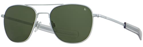 AO Original Pilot Sunglasses - Matte Silver - Calobar Green SkyMaster Glass Lenses - Bayonet Temple - 57-20-140