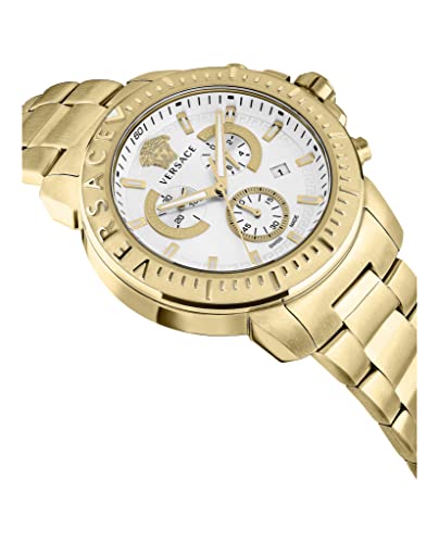 Versace New Chrono Collection Luxury Mens Watch Timepiece with a Gold Bracelet Featuring a Gold Case and Silver Dial