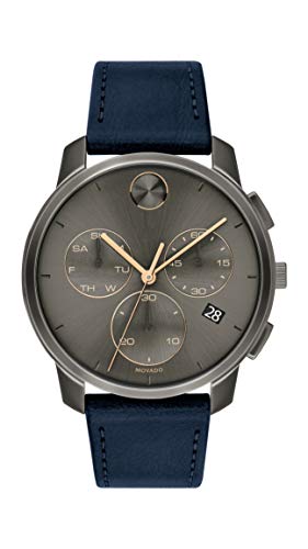 Movado Bold Thin Men's Swiss Qtz Chrono Stainless Steel and Leather Strap Casual Watch, Color: Navy (Model: 3600720)
