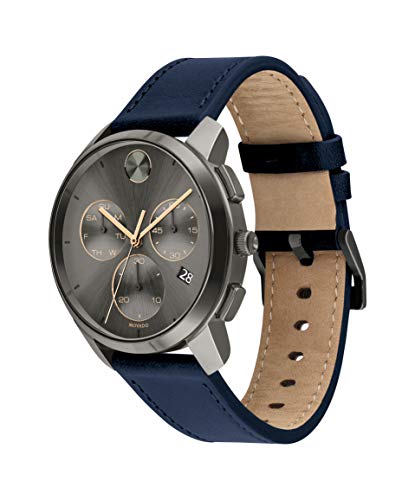 Movado Bold Thin Men's Swiss Qtz Chrono Stainless Steel and Leather Strap Casual Watch, Color: Navy (Model: 3600720)