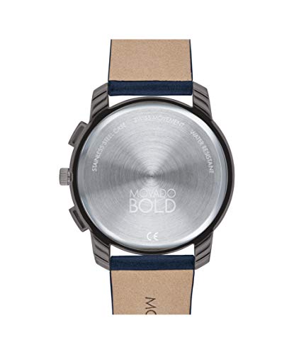 Movado Bold Thin Men's Swiss Qtz Chrono Stainless Steel and Leather Strap Casual Watch, Color: Navy (Model: 3600720)