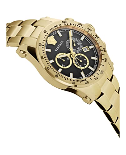 Versace Chrono Sporty Collection Luxury Mens Watch Timepiece with a Gold Bracelet Featuring a Gold Case and Black Dial