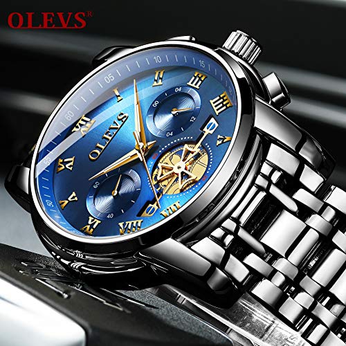 OLEVS Men’s Watch Quality Analog Quartz Stainless Steel Waterproof Chronograph Luminous Business Casual Black Band Blue Dial Luxury Dress Big Face Wrist Watches