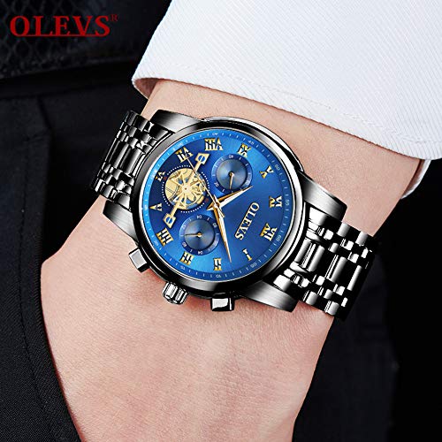 OLEVS Men’s Watch Quality Analog Quartz Stainless Steel Waterproof Chronograph Luminous Business Casual Black Band Blue Dial Luxury Dress Big Face Wrist Watches