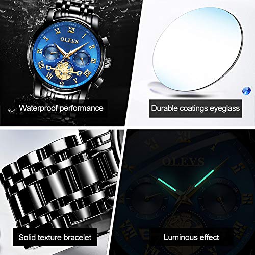 OLEVS Men’s Watch Quality Analog Quartz Stainless Steel Waterproof Chronograph Luminous Business Casual Black Band Blue Dial Luxury Dress Big Face Wrist Watches