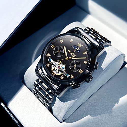 OLEVS Men Automatic Watch Black Watch Skeleton Luxury Dress Stainless Steel Strap 5 Hands Moon Phase Diamond Men Wrist Watches