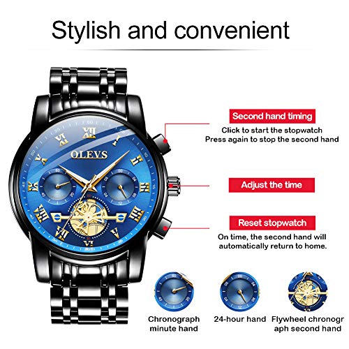 OLEVS Men’s Watch Quality Analog Quartz Stainless Steel Waterproof Chronograph Luminous Business Casual Black Band Blue Dial Luxury Dress Big Face Wrist Watches