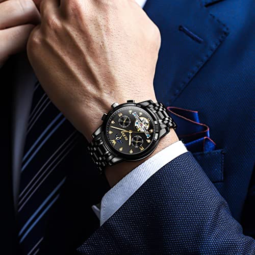 OLEVS Men Automatic Watch Black Watch Skeleton Luxury Dress Stainless Steel Strap 5 Hands Moon Phase Diamond Men Wrist Watches
