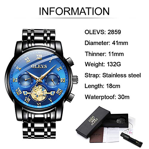 OLEVS Men’s Watch Quality Analog Quartz Stainless Steel Waterproof Chronograph Luminous Business Casual Black Band Blue Dial Luxury Dress Big Face Wrist Watches