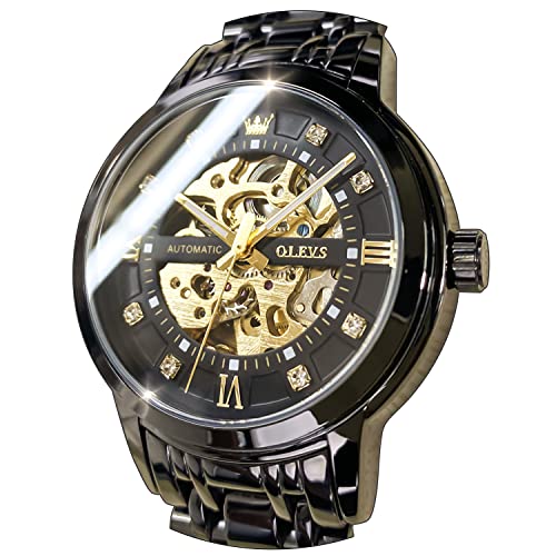 OLEVS Skeleton Watches for Men Black Automatic Mechanical Self Winding Luxury Dress Stainless Steel Men Wrist Watch Waterproof Luminous