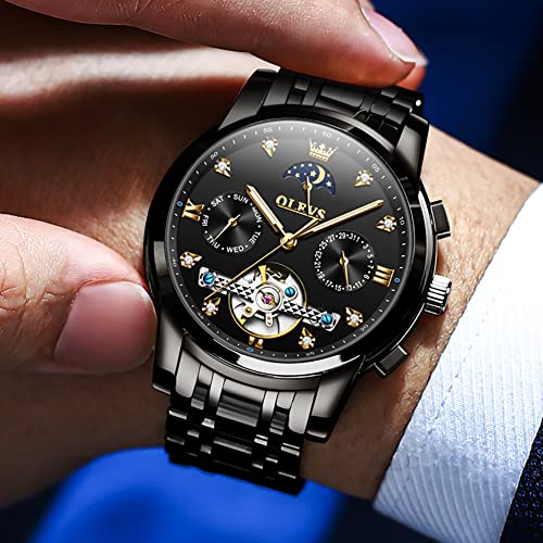 OLEVS Men Automatic Watch Black Watch Skeleton Luxury Dress Stainless Steel Strap 5 Hands Moon Phase Diamond Men Wrist Watches