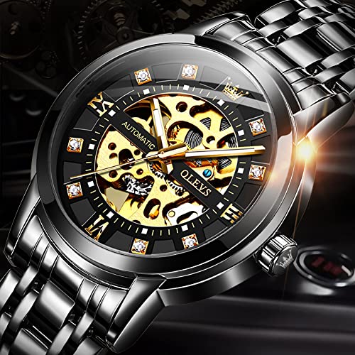OLEVS Skeleton Watches for Men Black Automatic Mechanical Self Winding Luxury Dress Stainless Steel Men Wrist Watch Waterproof Luminous