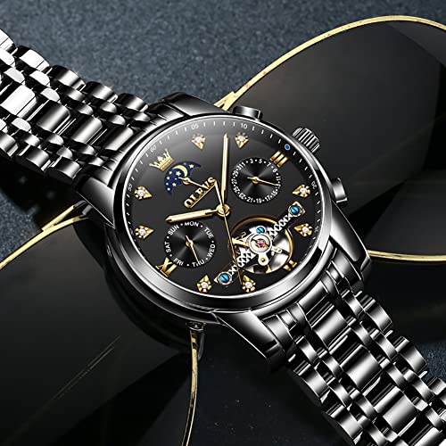 OLEVS Men Automatic Watch Black Watch Skeleton Luxury Dress Stainless Steel Strap 5 Hands Moon Phase Diamond Men Wrist Watches
