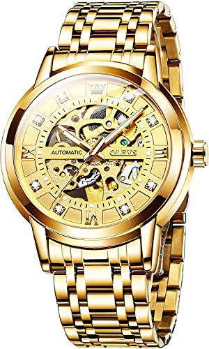 OLEVS Mens Automatic Watch Skeleton Gold Diamond Luxury Mechanical Self Winding Dress Business Wrist Watch Waterproof Luminous