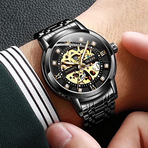 OLEVS Skeleton Watches for Men Black Automatic Mechanical Self Winding Luxury Dress Stainless Steel Men Wrist Watch Waterproof Luminous