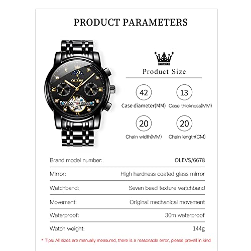 OLEVS Men Automatic Watch Black Watch Skeleton Luxury Dress Stainless Steel Strap 5 Hands Moon Phase Diamond Men Wrist Watches