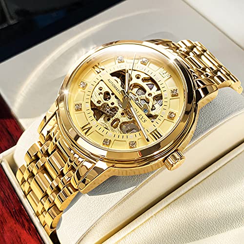 OLEVS Mens Automatic Watch Skeleton Gold Diamond Luxury Mechanical Self Winding Dress Business Wrist Watch Waterproof Luminous