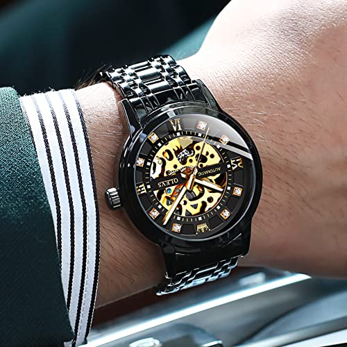 OLEVS Skeleton Watches for Men Black Automatic Mechanical Self Winding Luxury Dress Stainless Steel Men Wrist Watch Waterproof Luminous