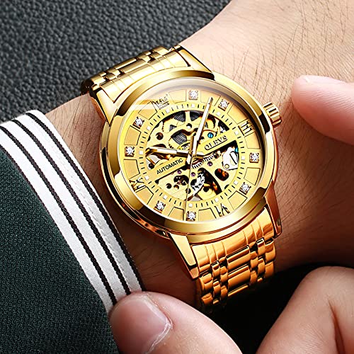 OLEVS Mens Automatic Watch Skeleton Gold Diamond Luxury Mechanical Self Winding Dress Business Wrist Watch Waterproof Luminous