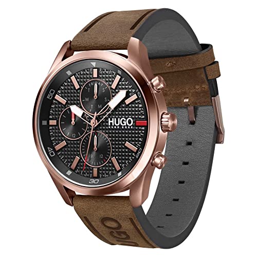HUGO Analogue Multifunction Quartz Watch for Men with Brown Leather Strap - 1530162