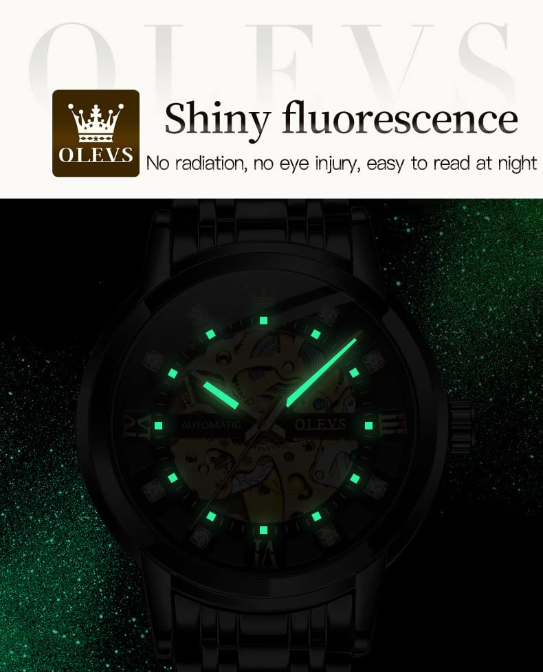 OLEVS Skeleton Watches for Men Black Automatic Mechanical Self Winding Luxury Dress Stainless Steel Men Wrist Watch Waterproof Luminous