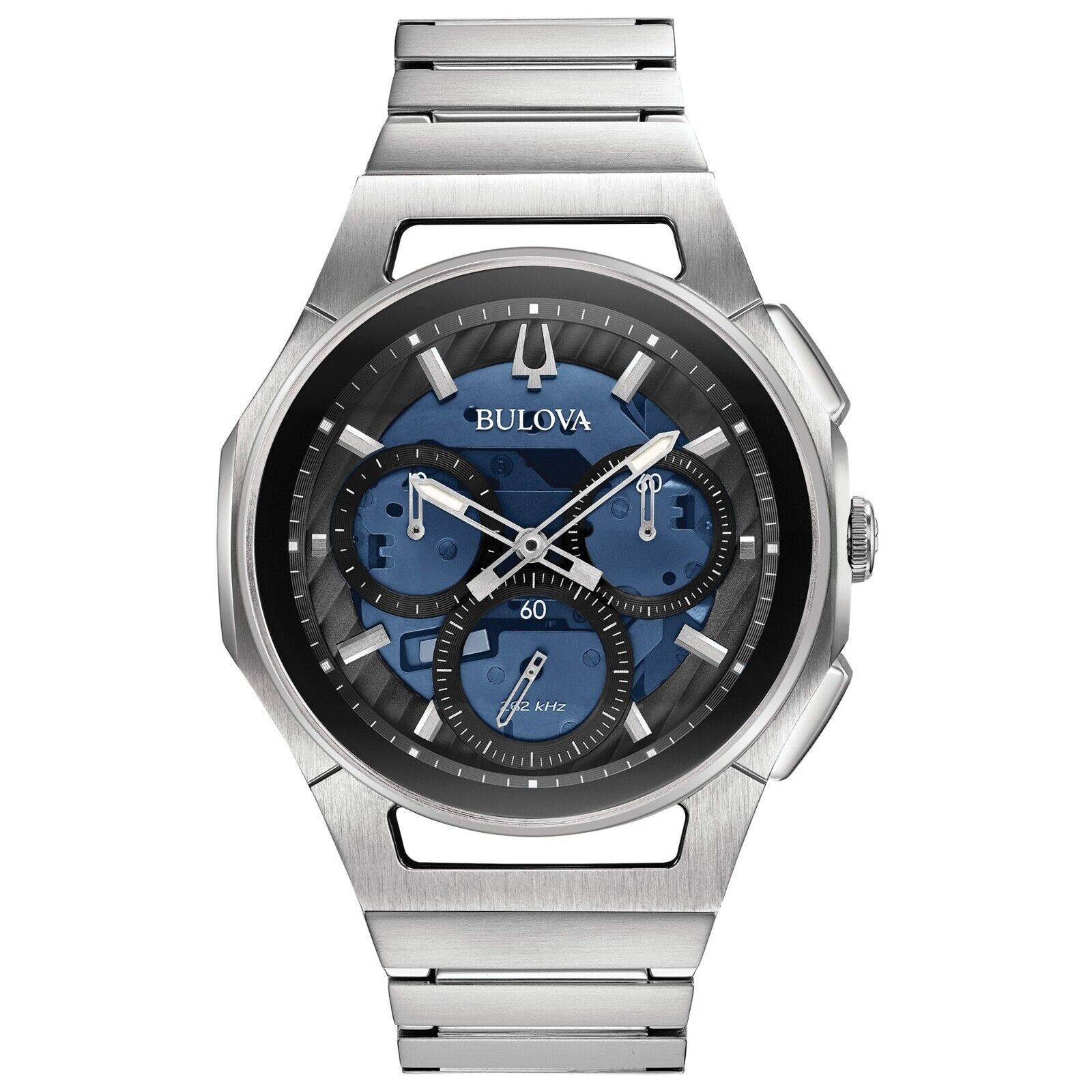 Bulova Men CURV Quartz Chronograph Exhibition Caseback Blue Watch 44MM 96A205