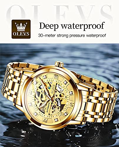 OLEVS Mens Automatic Watch Skeleton Gold Diamond Luxury Mechanical Self Winding Dress Business Wrist Watch Waterproof Luminous