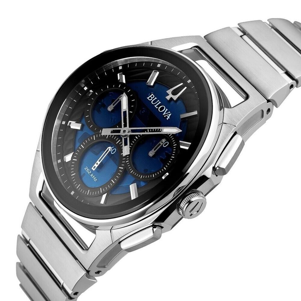Bulova Men CURV Quartz Chronograph Exhibition Caseback Blue Watch 44MM 96A205