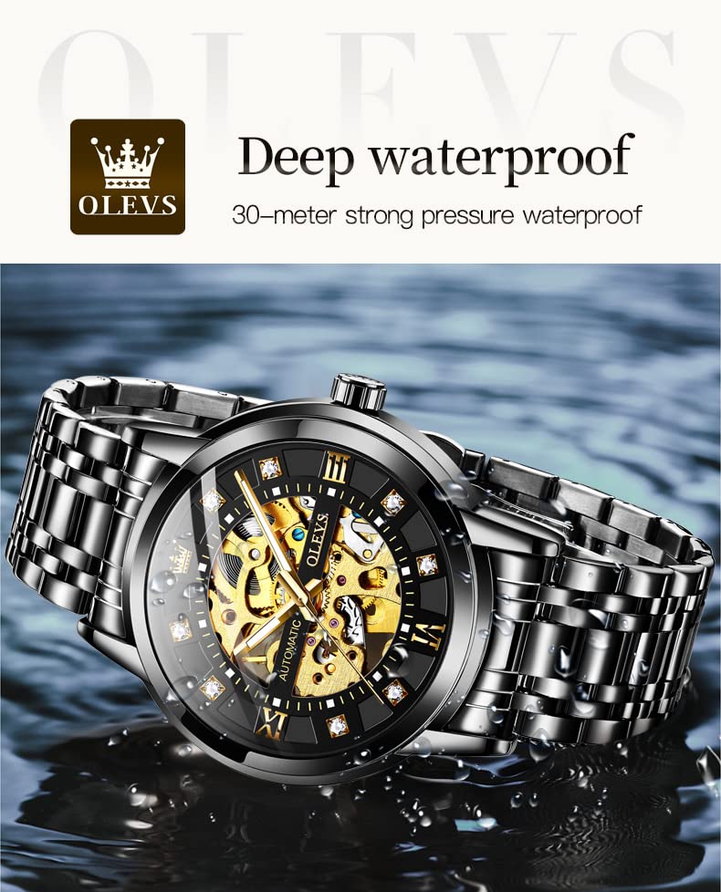 OLEVS Skeleton Watches for Men Black Automatic Mechanical Self Winding Luxury Dress Stainless Steel Men Wrist Watch Waterproof Luminous