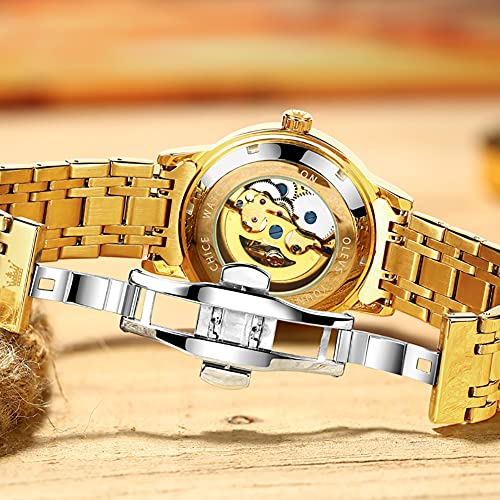 OLEVS Mens Automatic Watch Skeleton Gold Diamond Luxury Mechanical Self Winding Dress Business Wrist Watch Waterproof Luminous
