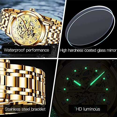 OLEVS Mens Automatic Watch Skeleton Gold Diamond Luxury Mechanical Self Winding Dress Business Wrist Watch Waterproof Luminous