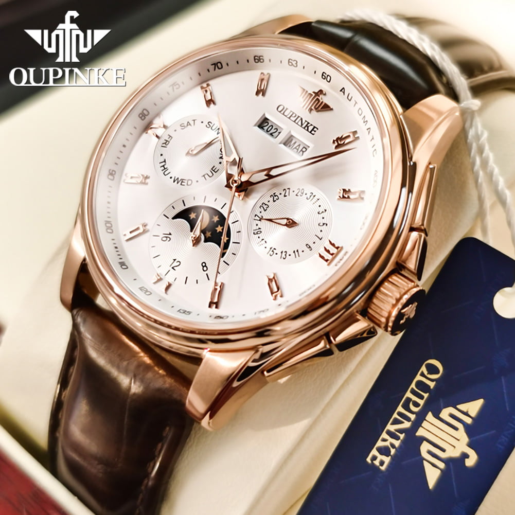 OUPINKE Automatic Watches for Mens, Self Winding Wrist Watch with Leather Strap Waterproof Moon Phase Sapphire Crystal Luxury Fashion Dress Reloj, Fathers Day Gifts, Male 3189B