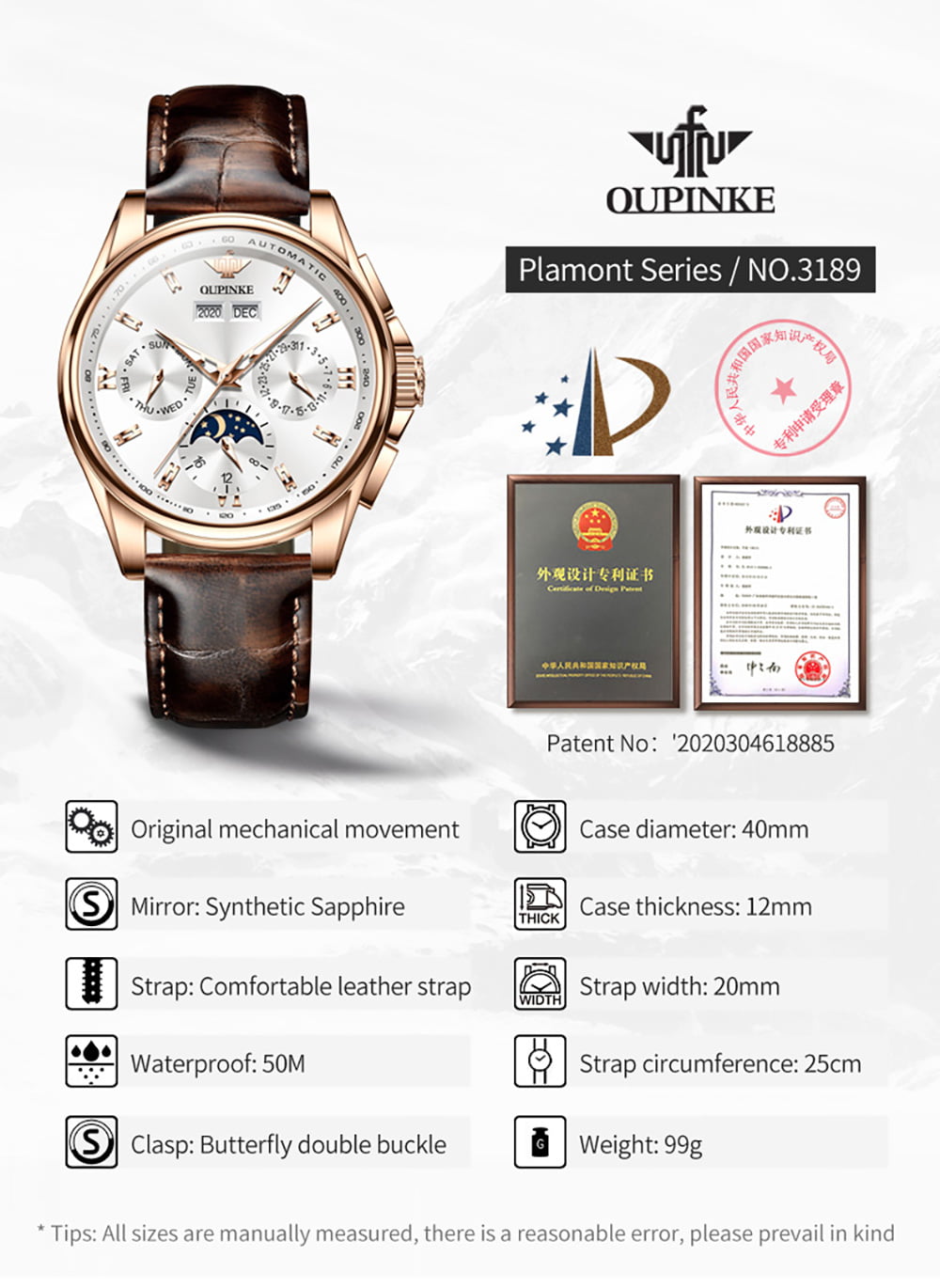 OUPINKE Automatic Watches for Mens, Self Winding Wrist Watch with Leather Strap Waterproof Moon Phase Sapphire Crystal Luxury Fashion Dress Reloj, Fathers Day Gifts, Male 3189B