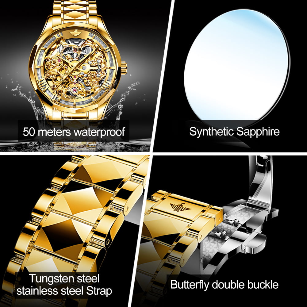 OUPINKE Watches for Mens Automatic Mechanical Skeleton Watch Self Winding Luxury Dress Tungsten Steel Sapphire Crystal Waterproof Reloj, Male 3168A