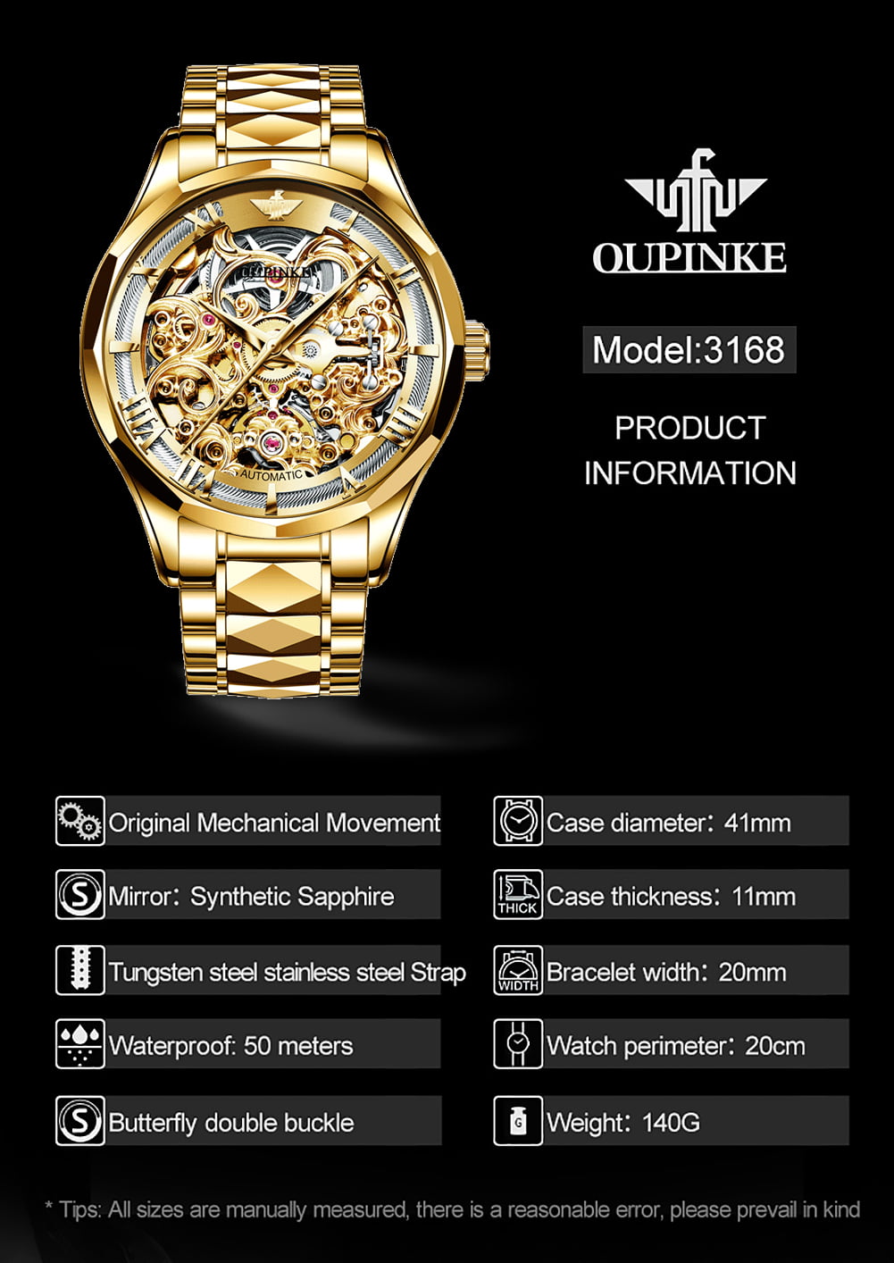 OUPINKE Watches for Mens Automatic Mechanical Skeleton Watch Self Winding Luxury Dress Tungsten Steel Sapphire Crystal Waterproof Reloj, Male 3168A